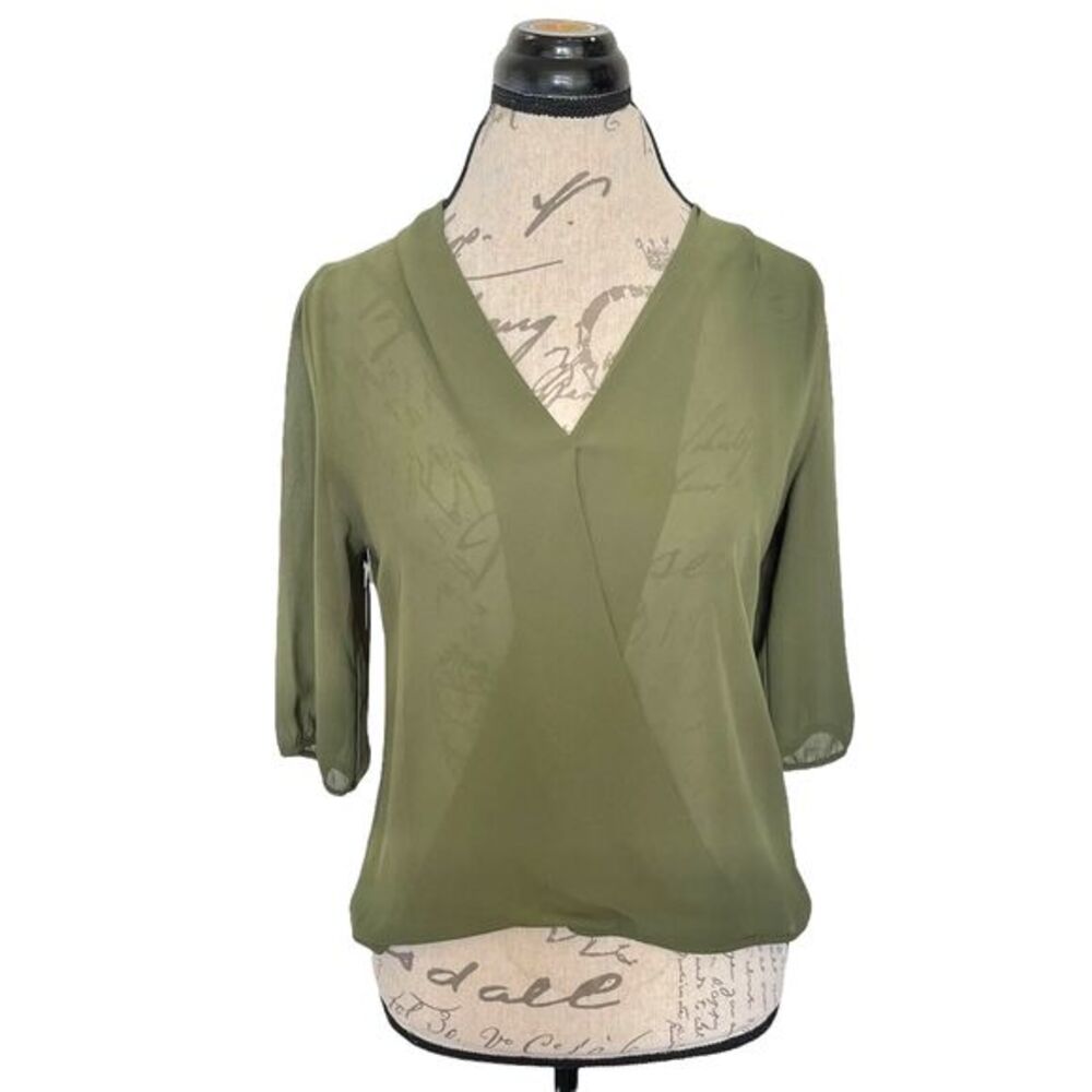 Naked Zebra Womens Blouse Size Small  Semi Sheer Army Green Dressy V Neckline